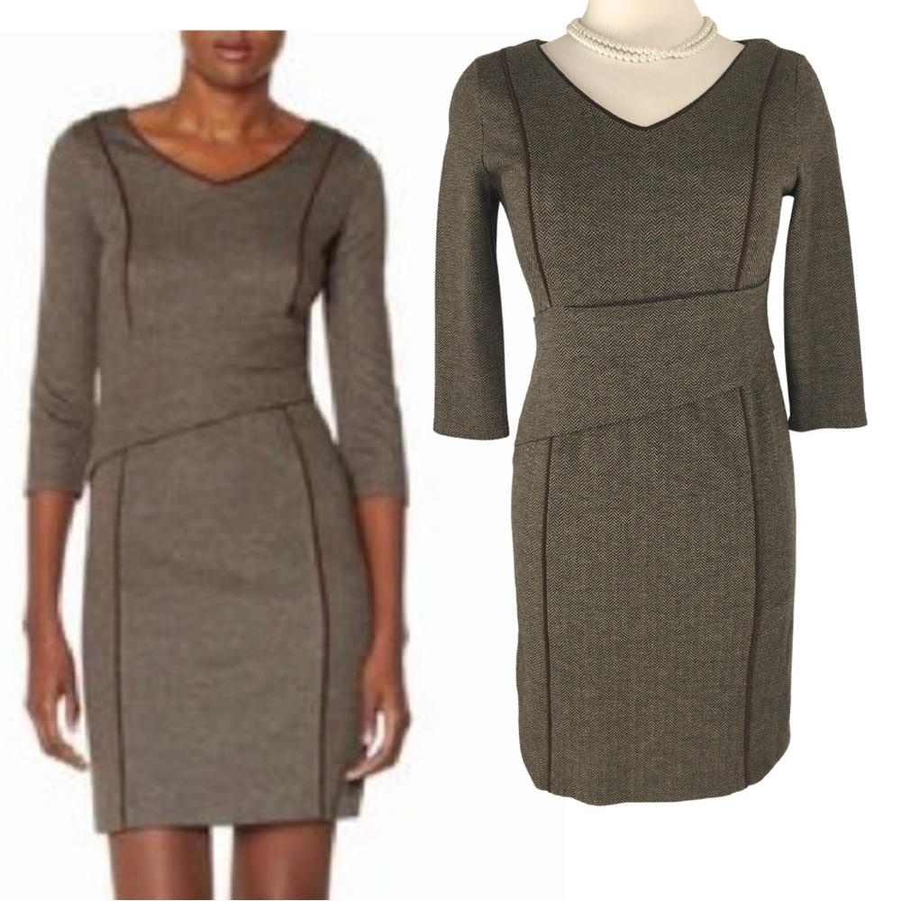 The Limited Brown Tan Piped Herringbone Sheath Midi Dress size Small